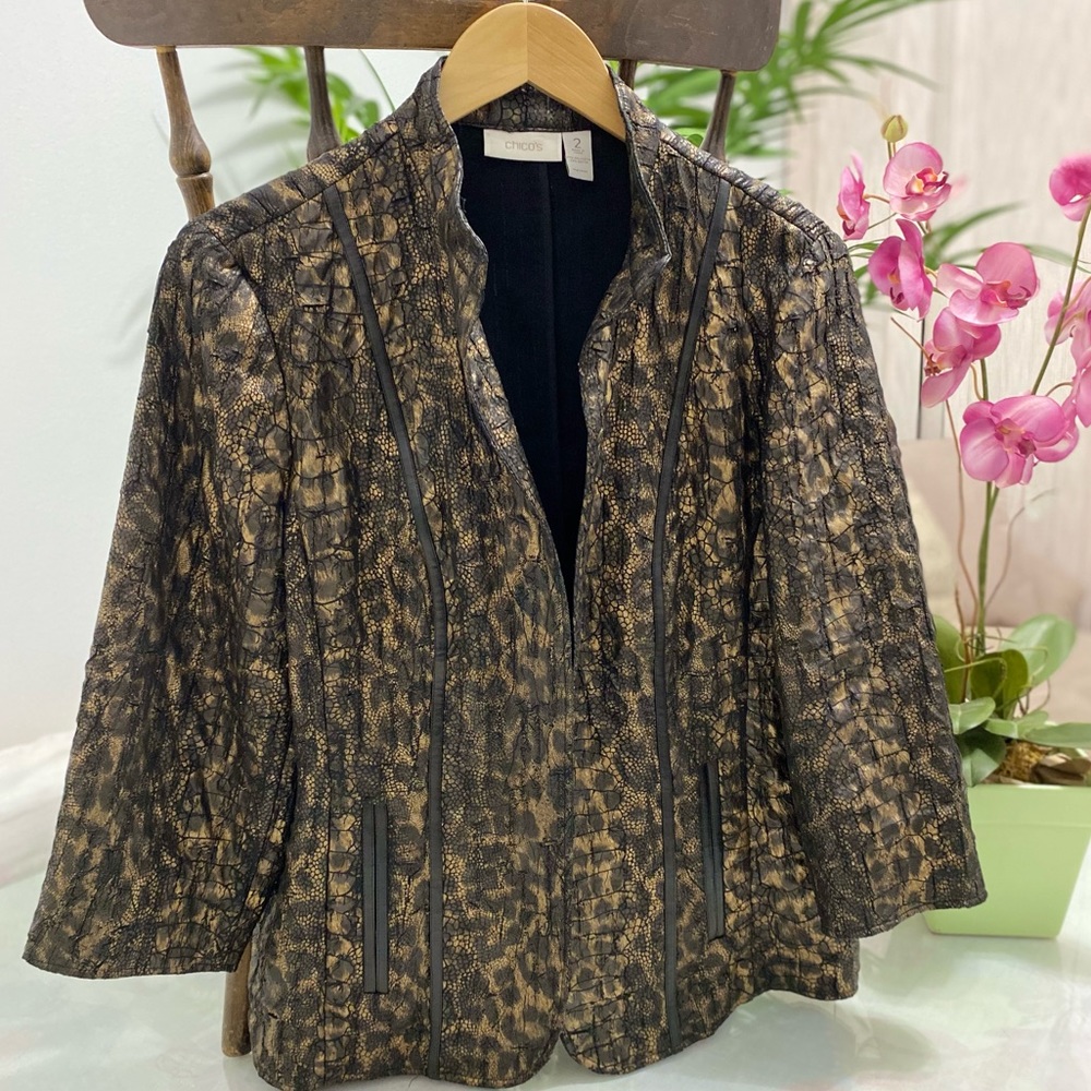 CHICO’S Textured Reptile Jacket with Leatherette Trim